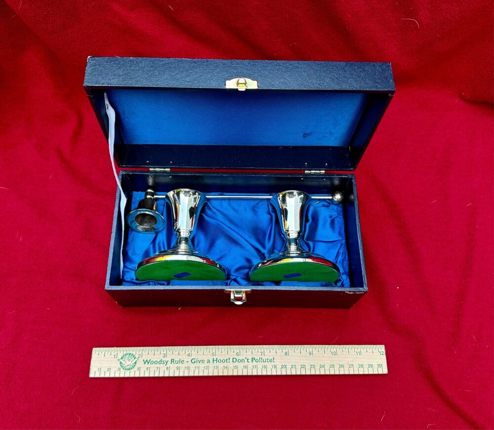 Vintage Japanese Silverplate Console Candlesticks Snuffer Box Set Made in Japan